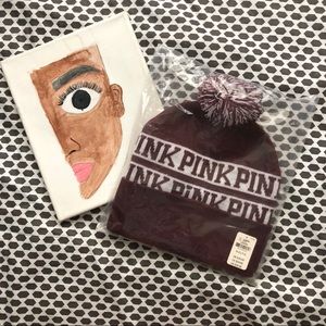NWT Victorias Secret Pink Maroon Pom Pom Beanie